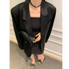 Women's Satin Double Breasted Blazer with Suit Collar Long Sleeves and Pocket for Office Spring in Black