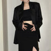 Women's Satin Double Breasted Blazer with Suit Collar Long Sleeves and Pocket for Office Spring in Black