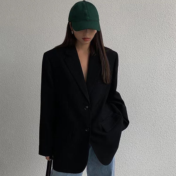 Women's Regular Fit Two Button Polyester Solid Color Suit Collar Long Sleeve Pocket Office Casual Blazer for Autumn in Black
