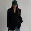 Women's Regular Fit Two Button Polyester Solid Color Suit Collar Long Sleeve Pocket Office Casual Blazer for Autumn in Black