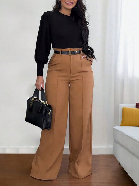 Women's Loose Straight Leg Camouflage Polyester Suit Pants with Draped Feel for Office Office and Autumn in European American Style