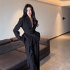 Women's Casual Polyester Solid Color Long Sleeve Urban Style Pants Suit Two Piece Set for Work Commute in Black Khaki for Autumn