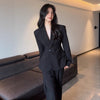 Women's Casual Polyester Solid Color Long Sleeve Urban Style Pants Suit Two Piece Set for Work Commute in Black Khaki for Autumn