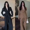 Women's Casual Polyester Solid Color Long Sleeve Urban Style Pants Suit Two Piece Set for Work Commute in Black Khaki for Autumn
