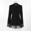 Women's Single Breasted Waist Fit Blended Solid Color Suit Collar Long Sleeve Lace Blazer for Office in Black