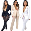 Women's European American Style Mesh Splicing Long Sleeve Blazer with Beads for Winter Commute Work in Solid Color
