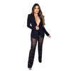 Women's European American Style Mesh Splicing Long Sleeve Blazer with Beads for Winter Commute Work in Solid Color