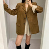 Women's Suede-Style Blazer, Lapel Collar, Button Front and Long Sleeves