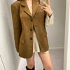Women's Suede-Style Blazer, Lapel Collar, Button Front and Long Sleeves