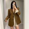 Women's Suede-Style Blazer, Lapel Collar, Button Front and Long Sleeves