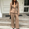 Women's Long Sleeve Solid Color Polyester Blend Suit Pants with Buttons European and American Style for Office Work Autumn in Black Khaki