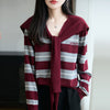 Women's Loose Fit V Neck Long Sleeve Andy Velvet Cardigan Sweater for Autumn Casual Everyday Wear in Contrast Colors