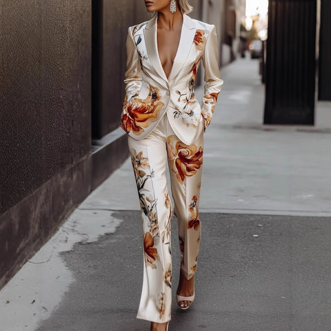 Women's Summer Polyester Long Sleeve Two Piece Suit Set with Blazer and Pants for Casual Wear in Suit