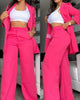 Women's Elegant Polyester Solid Color Nine-Quarter Sleeve Navel Exposed Pants for Autumn in Pink