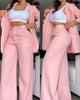 Women's Elegant Polyester Solid Color Nine-Quarter Sleeve Navel Exposed Pants for Autumn in Pink