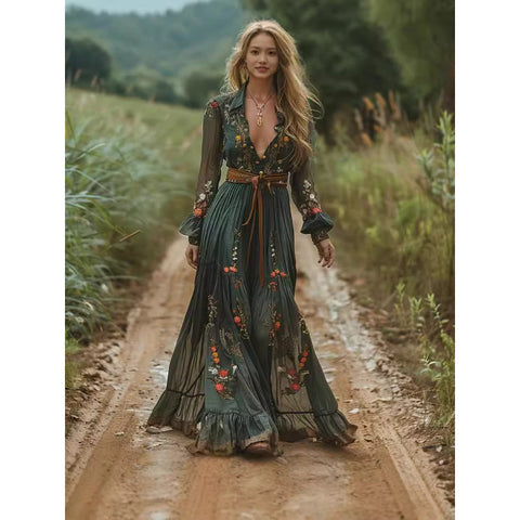 Women's Floral Long Dress, Collared Neckline, Long Sleeves and Defined Waist