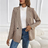 Women's Slim Fit Polyester Houndstooth Blazer with Suit Collar Long Sleeves One Button Closure for Office in Autumn Khaki Black