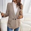 Women's Slim Fit Polyester Houndstooth Blazer with Suit Collar Long Sleeves One Button Closure for Office in Autumn Khaki Black