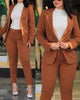 Women's Slim Fit Casual Polyester Long Sleeve Suit Set with Double Breasted Waist Design for Spring in Black Brown Pink