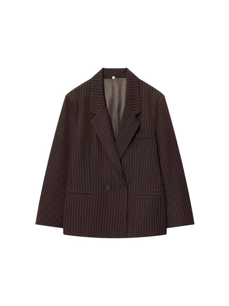 Women's Regular Fit Double Breasted Suit Collar Long Sleeve Striped Plaid Casual Office Blazer Jacket for Autumn Work in Modern Style