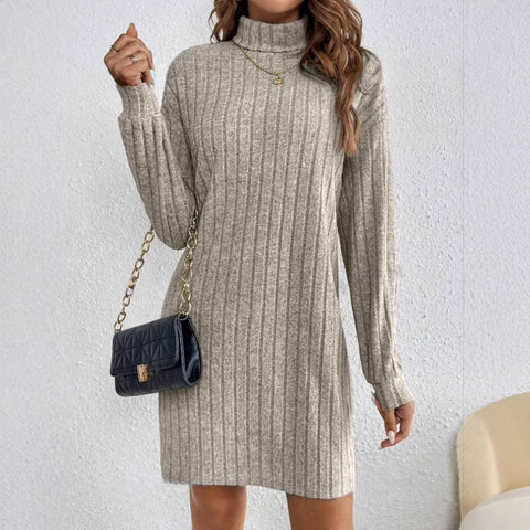 Women's Ribbed Dress, High Neck, Long Sleeves and Relaxed Fit