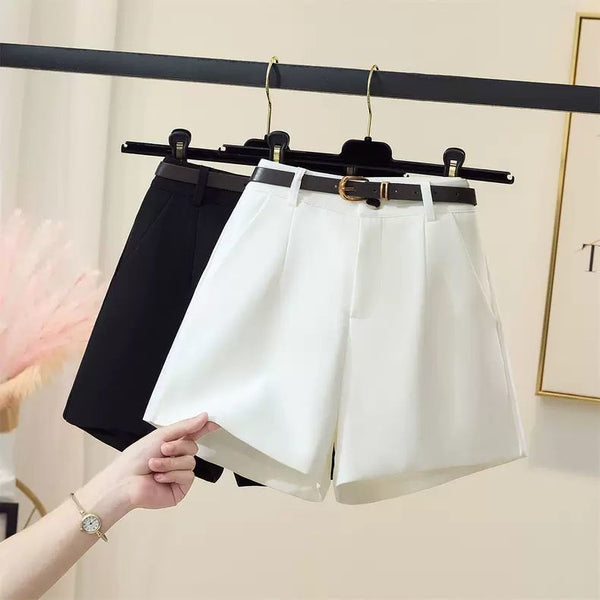 Women's High Waist A-Line Wide Leg Polyester Shorts with Pockets Loose Casual Fresh Style for Summer in White