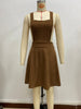 Women's Corduroy Pinafore Dress, Square Neck, Shoulder Straps and Flared Skirt