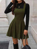 Women's Corduroy Pinafore Dress, Square Neck, Shoulder Straps and Flared Skirt