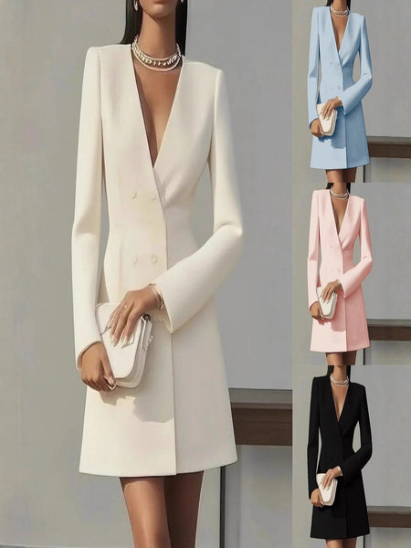 Women's Loose Fit Polyester Solid Color V-Neck Long Sleeve Double Breasted Button Dress Suit Style for Summer in Black Pink Apricot