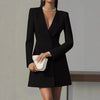 Women's Loose Fit Polyester Solid Color V-Neck Long Sleeve Double Breasted Button Dress Suit Style for Summer in Black Pink Apricot