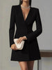 Women's Loose Fit Polyester Solid Color V-Neck Long Sleeve Double Breasted Button Dress Suit Style for Summer in Black Pink Apricot