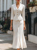 Women's Autumn Polyester Solid Color Long Sleeve Single Breasted Office Blazer and Slit Skirt Set for Office Work in White