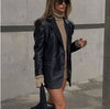 Women's Loose Fit PU Leather Suit Collar Long Sleeve Two Button Jacket with Fake Pockets for Urban Casual Spring in Black