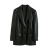 Women's Loose Fit PU Leather Suit Collar Long Sleeve Two Button Jacket with Fake Pockets for Urban Casual Spring in Black