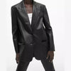Women's Loose Fit PU Leather Suit Collar Long Sleeve Two Button Jacket with Fake Pockets for Urban Casual Spring in Black