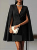 Women's Slim Fit Solid Color Polyester Cape Style V-Neck Long Sleeve Two Button Button Dress for Spring in Black
