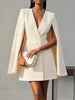 Women's Slim Fit Solid Color Polyester Cape Style V-Neck Long Sleeve Two Button Button Dress for Spring in Black