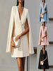 Women's Slim Fit Solid Color Polyester Cape Style V-Neck Long Sleeve Two Button Button Dress for Spring in Black