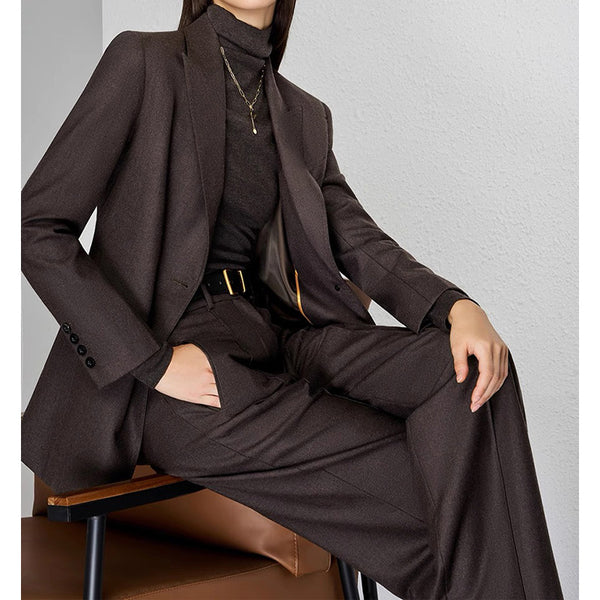 Women's Long Sleeve Solid Color Wool Suit Set for Spring Office Style in Old Money Aesthetic