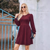 Women's Knit Dress, Crew Neck, Long Sleeves, Gathered Waist and Pockets