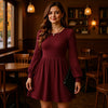 Women's Knit Dress, Crew Neck, Long Sleeves, Gathered Waist and Pockets