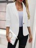 Women's Slim Fit One Button Polyester Solid Color Suit Collar Three-Quarter Sleeve Elegant Blazer with Wrinkle Sleeves for Spring in Black