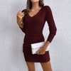 Women's Ribbed Bodycon Dress, V-Neck, Long Sleeves and Ruched Skirt