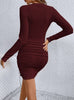 Women's Ribbed Bodycon Dress, V-Neck, Long Sleeves and Ruched Skirt