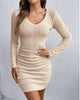 Women's Ribbed Bodycon Dress, V-Neck, Long Sleeves and Ruched Skirt