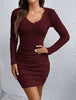 Women's Ribbed Bodycon Dress, V-Neck, Long Sleeves and Ruched Skirt