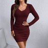 Women's Ribbed Bodycon Dress, V-Neck, Long Sleeves and Ruched Skirt