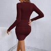Women's Ribbed Bodycon Dress, V-Neck, Long Sleeves and Ruched Skirt