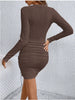 Women's Ribbed Bodycon Dress, V-Neck, Long Sleeves and Ruched Skirt