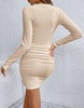 Women's Ribbed Bodycon Dress, V-Neck, Long Sleeves and Ruched Skirt